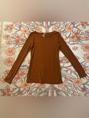 Anthropologie Ribbed Long Sleeve Top in Rust Brown